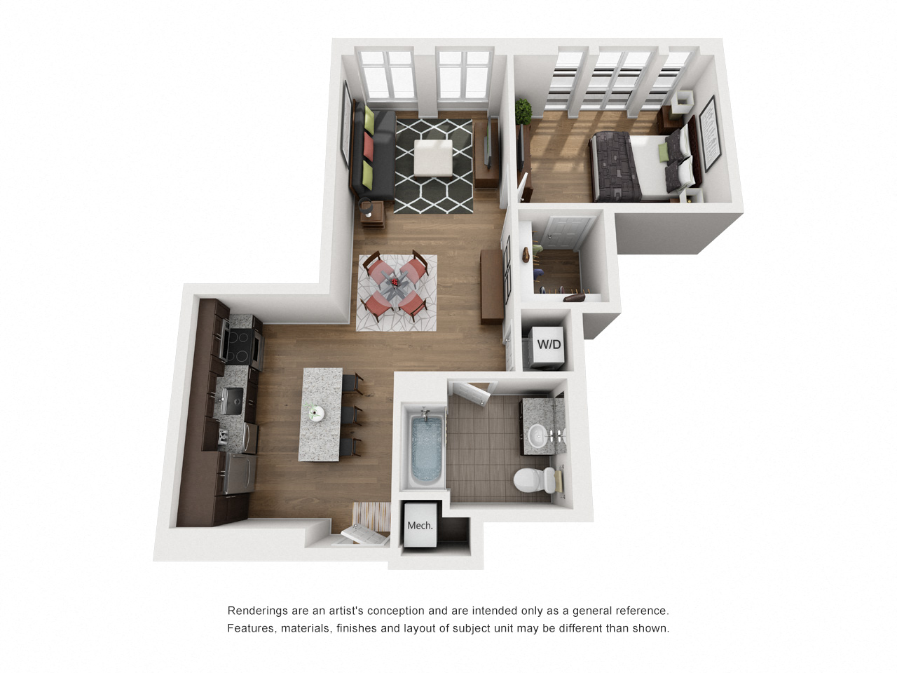 Floor plan for 1 bed, 1 bath, 779 sqft